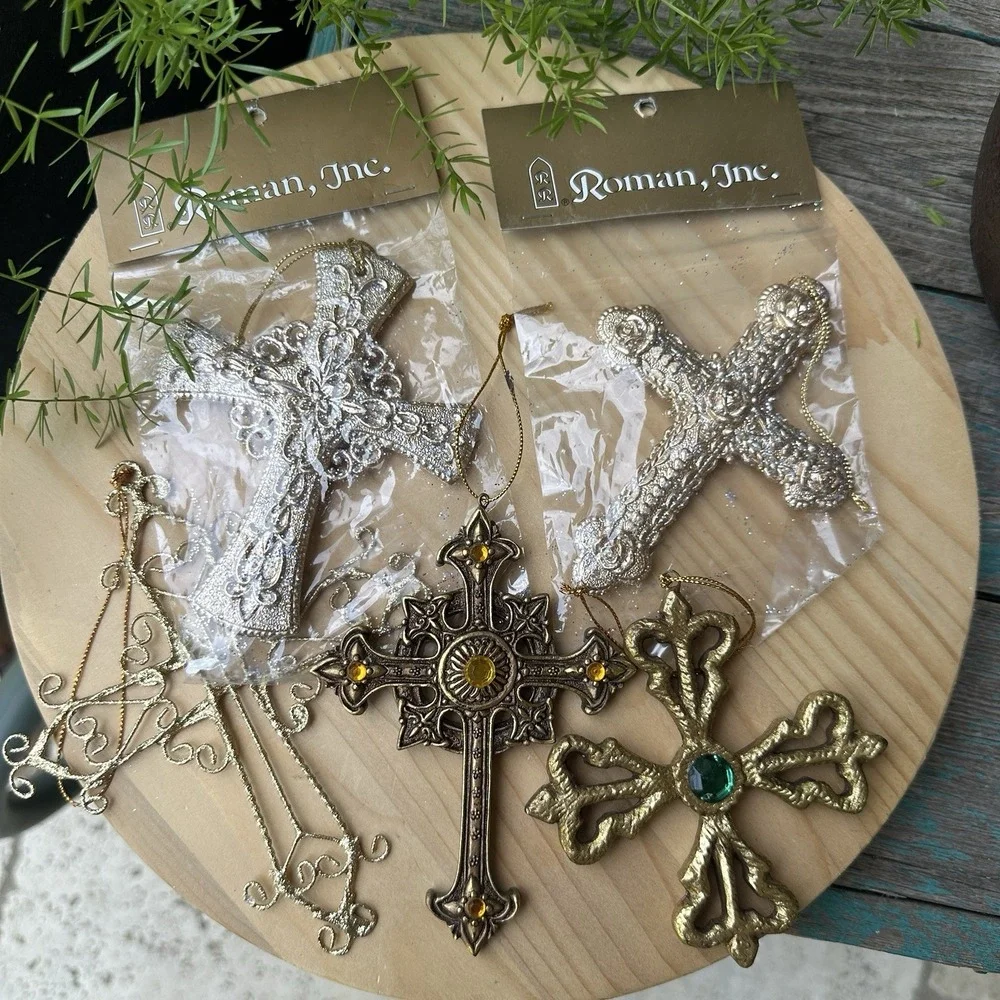VTG Roman Inc Dimensional Cross Christmas Holiday‎ Ornaments Gold Tone Set Of 5